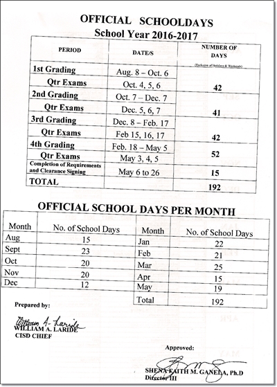 official school days 2016 2017